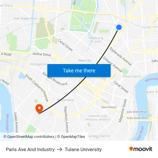 Paris Ave And Industry to Tulane University map