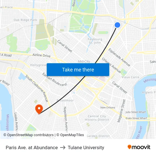 Paris Ave. at Abundance to Tulane University map