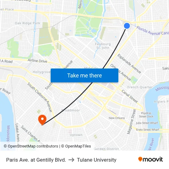 Paris Ave. at Gentilly Blvd. to Tulane University map