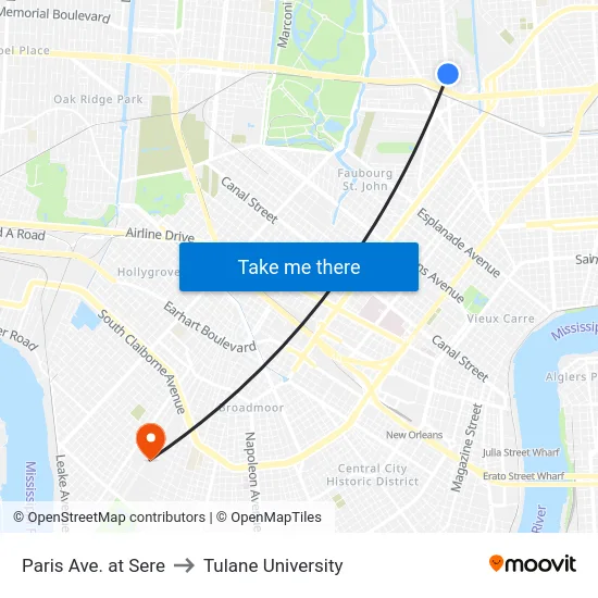 Paris Ave. at Sere to Tulane University map
