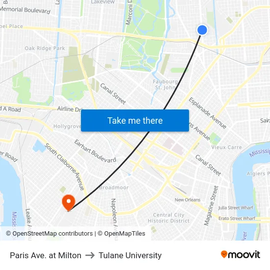 Paris Ave. at Milton to Tulane University map