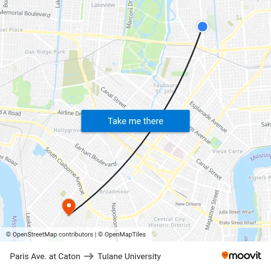 Paris Ave. at Caton to Tulane University map