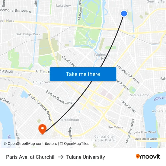 Paris Ave. at Churchill to Tulane University map