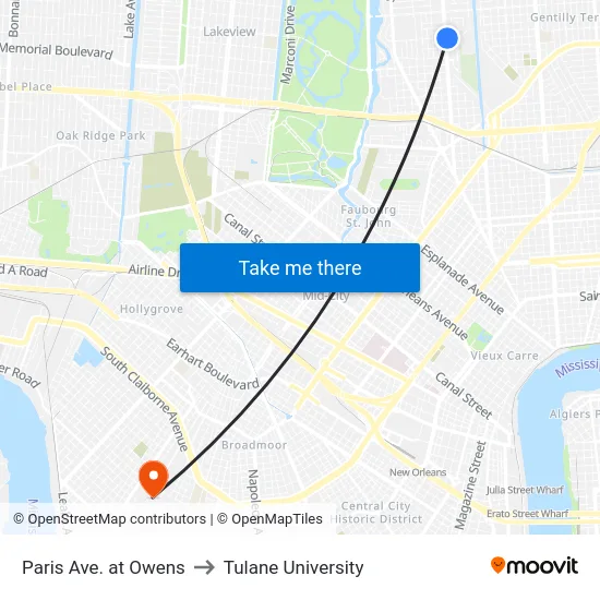 Paris Ave. at Owens to Tulane University map