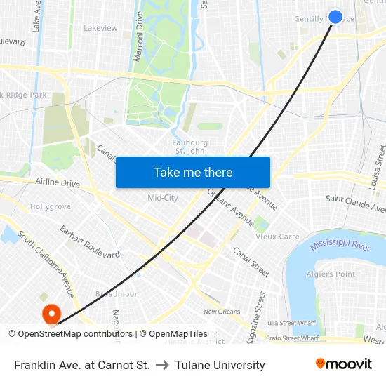 Franklin Ave. at Carnot St. to Tulane University map