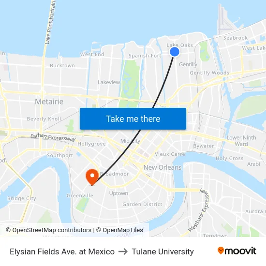 Elysian Fields Ave. at Mexico to Tulane University map