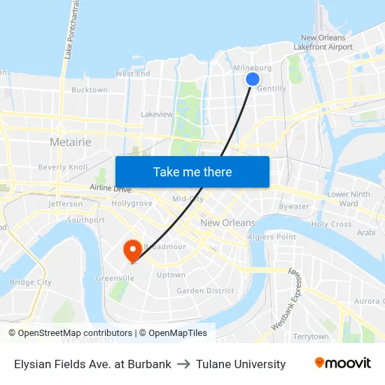 Elysian Fields Ave. at Burbank to Tulane University map