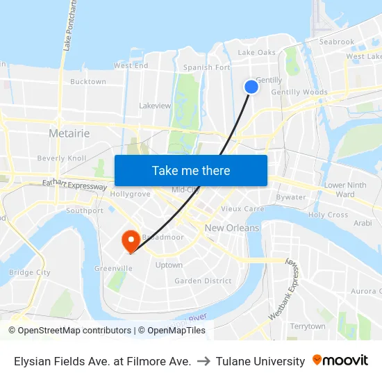 Elysian Fields Ave. at Filmore Ave. to Tulane University map