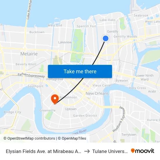 Elysian Fields Ave. at Mirabeau Ave. to Tulane University map