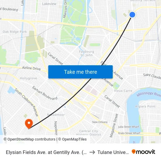 Elysian Fields Ave. at Gentilly Ave. (Farside) to Tulane University map
