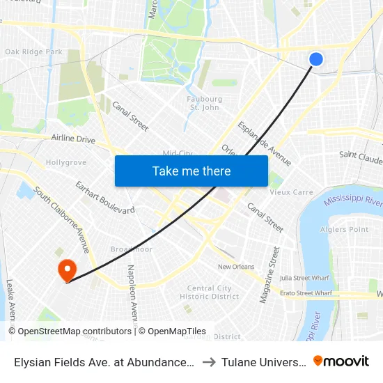 Elysian Fields Ave. at Abundance St. to Tulane University map