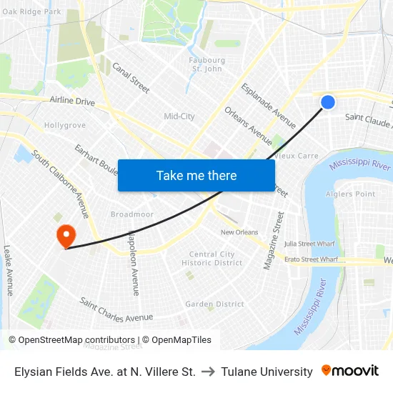 Elysian Fields Ave. at N. Villere St. to Tulane University map