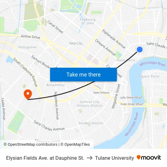 Elysian Fields Ave. at Dauphine St. to Tulane University map