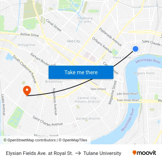 Elysian Fields Ave. at Royal St. to Tulane University map
