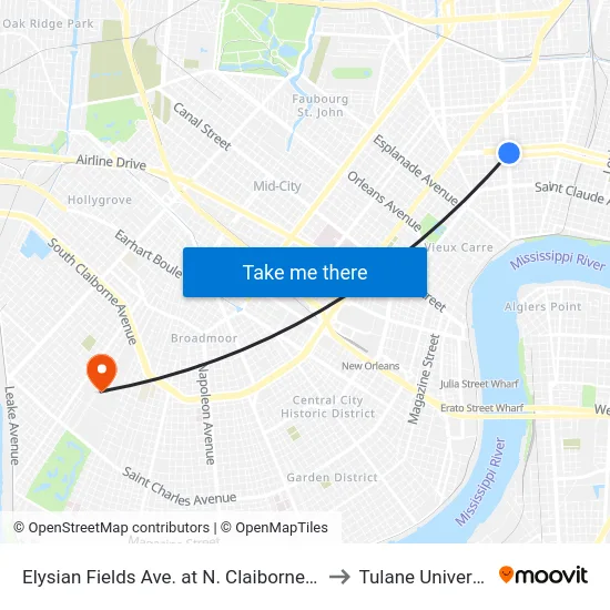 Elysian Fields Ave. at N. Claiborne Ave. to Tulane University map