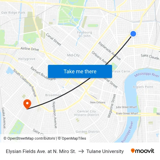 Elysian Fields Ave. at N. Miro St. to Tulane University map
