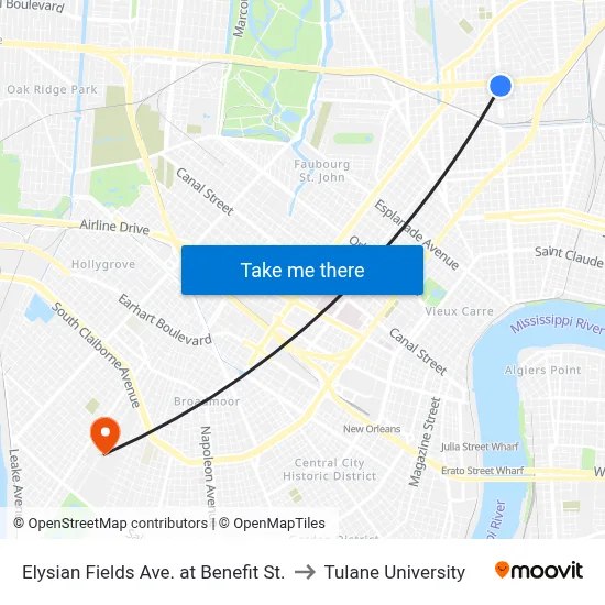 Elysian Fields Ave. at Benefit St. to Tulane University map