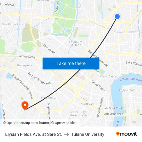 Elysian Fields Ave. at Sere St. to Tulane University map
