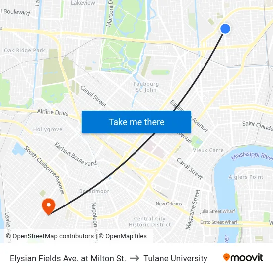 Elysian Fields Ave. at Milton St. to Tulane University map