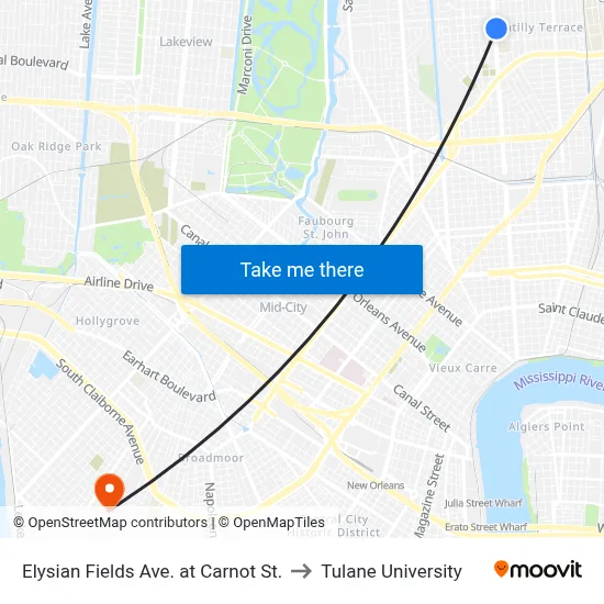 Elysian Fields Ave. at Carnot St. to Tulane University map