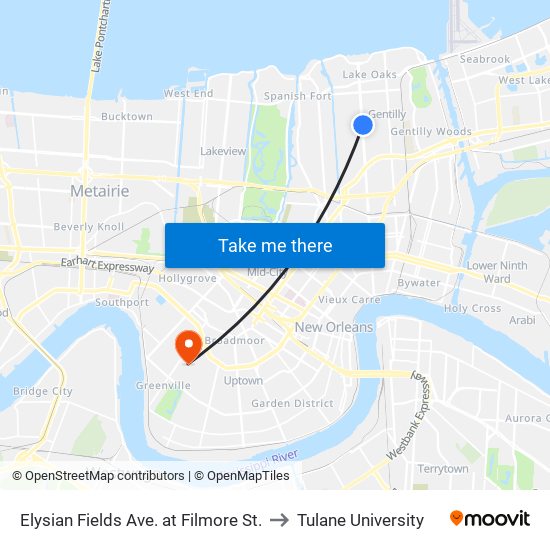 Elysian Fields Ave. at Filmore St. to Tulane University map