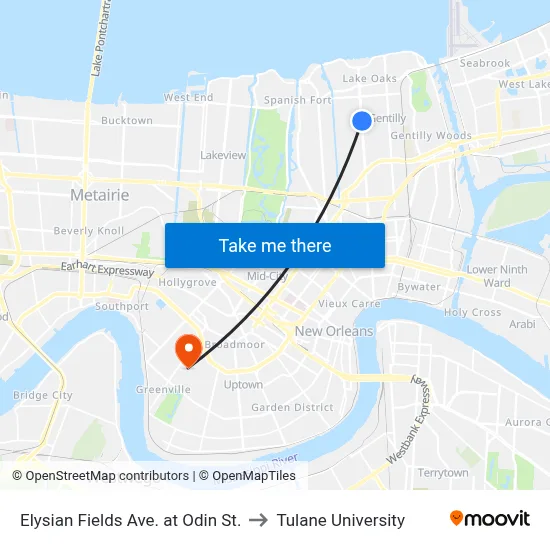 Elysian Fields Ave. at Odin St. to Tulane University map