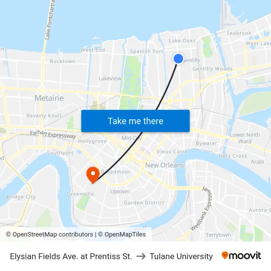 Elysian Fields Ave. at Prentiss St. to Tulane University map