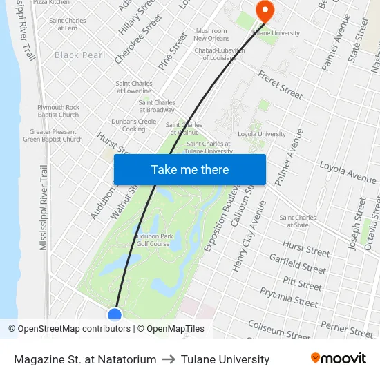 Magazine St. at Natatorium to Tulane University map