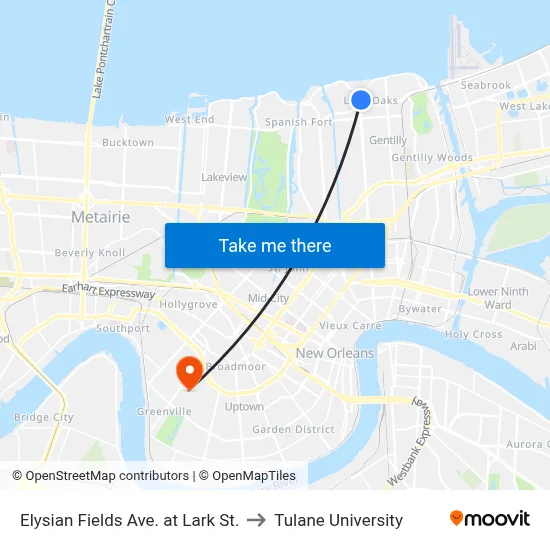 Elysian Fields Ave. at Lark St. to Tulane University map