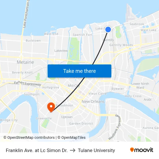 Franklin Ave. at Lc Simon Dr. to Tulane University map