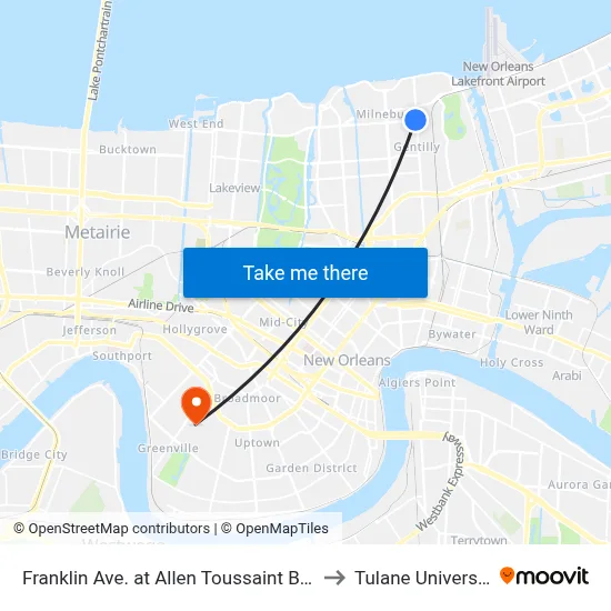 Franklin Ave. at Allen Toussaint Blvd. to Tulane University map