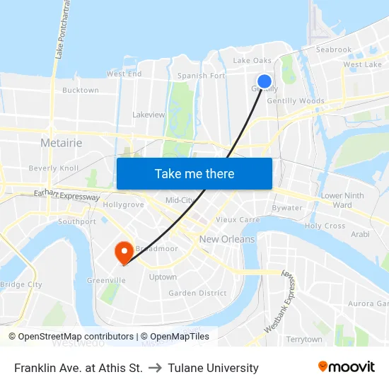 Franklin Ave. at Athis St. to Tulane University map
