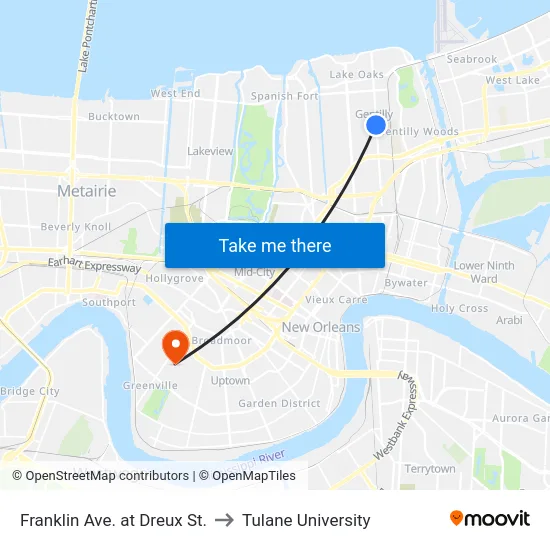 Franklin Ave. at Dreux St. to Tulane University map