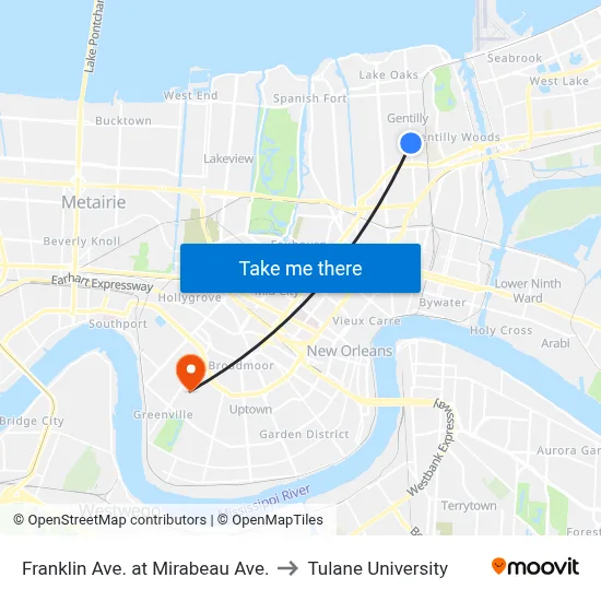 Franklin Ave. at Mirabeau Ave. to Tulane University map