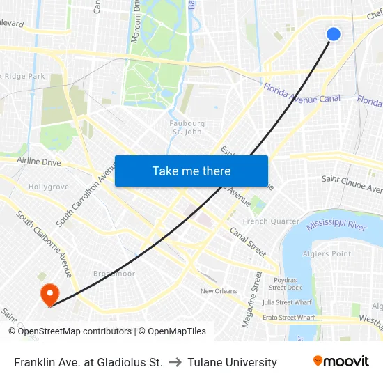 Franklin Ave. at Gladiolus St. to Tulane University map