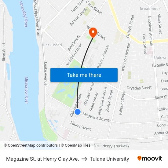 Magazine St. at Henry Clay Ave. to Tulane University map