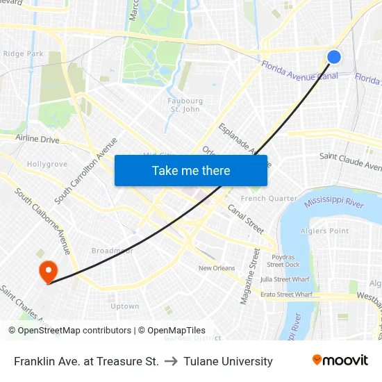 Franklin Ave. at Treasure St. to Tulane University map