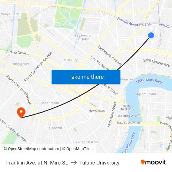 Franklin Ave. at N. Miro St. to Tulane University map