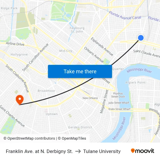 Franklin Ave. at N. Derbigny St. to Tulane University map