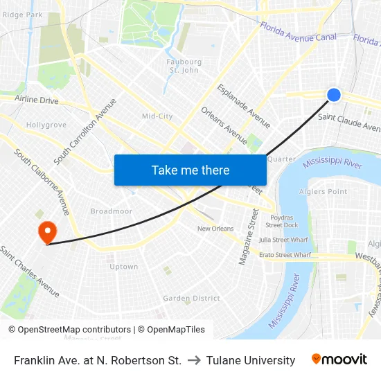Franklin Ave. at N. Robertson St. to Tulane University map