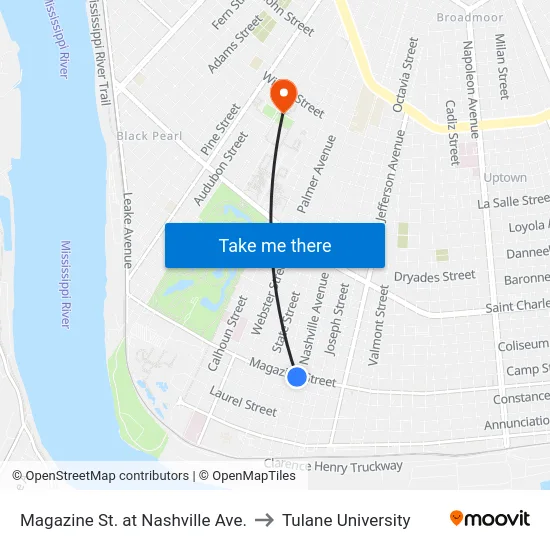 Magazine St. at Nashville Ave. to Tulane University map