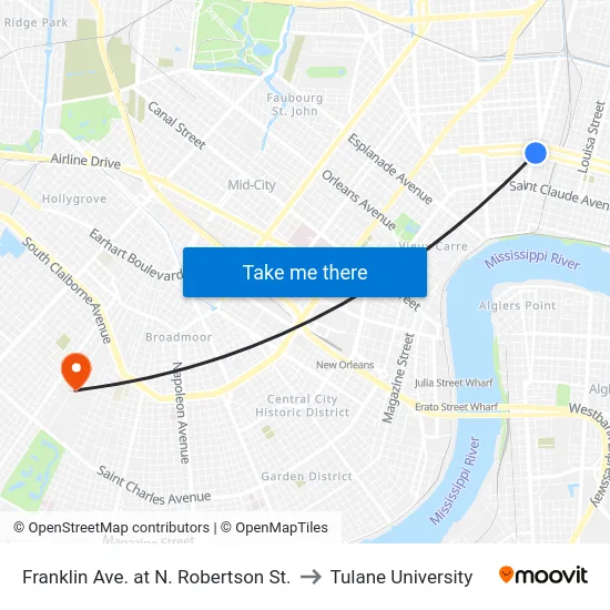 Franklin Ave. at N. Robertson St. to Tulane University map