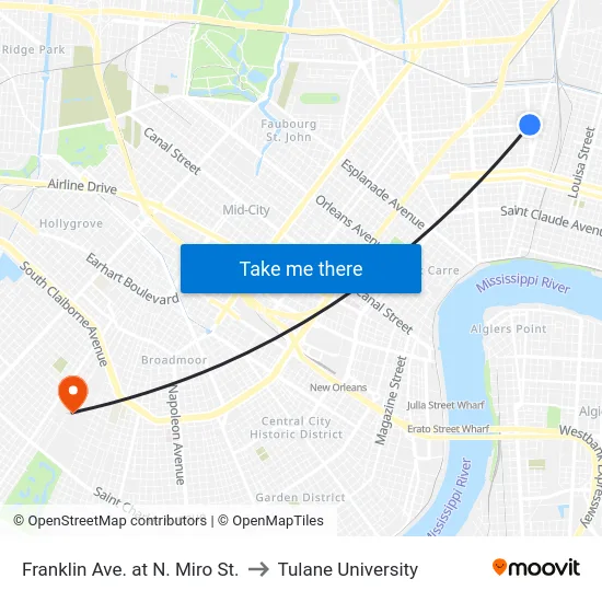 Franklin Ave. at N. Miro St. to Tulane University map