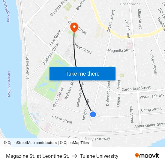 Magazine St. at Leontine St. to Tulane University map