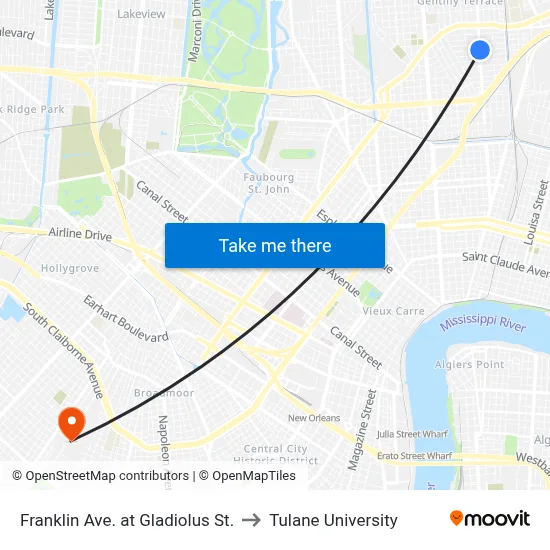 Franklin Ave. at Gladiolus St. to Tulane University map