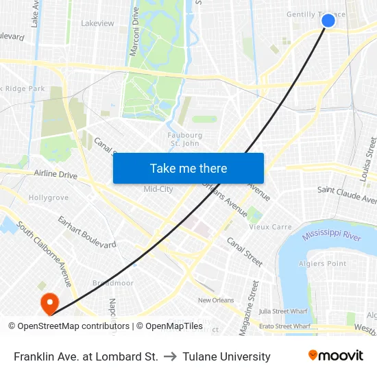Franklin Ave. at Lombard St. to Tulane University map