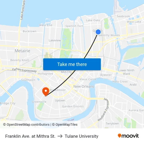 Franklin Ave. at Mithra St. to Tulane University map
