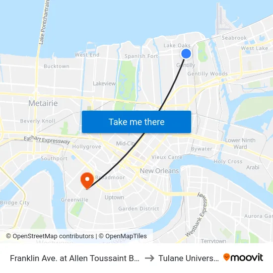 Franklin Ave. at Allen Toussaint Blvd. to Tulane University map
