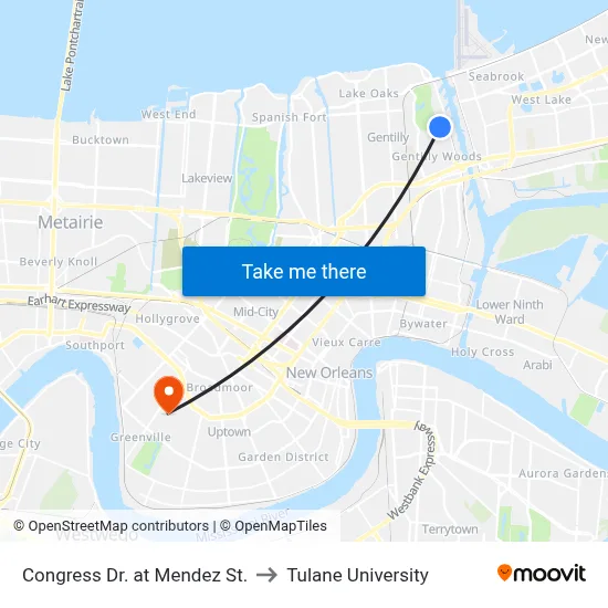 Congress Dr. at Mendez St. to Tulane University map