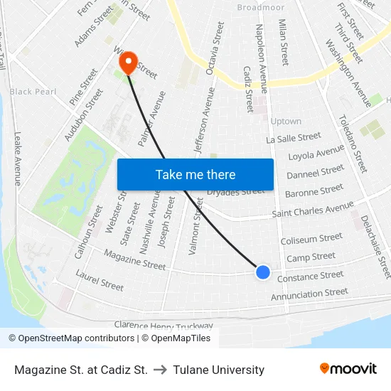 Magazine St. at Cadiz St. to Tulane University map